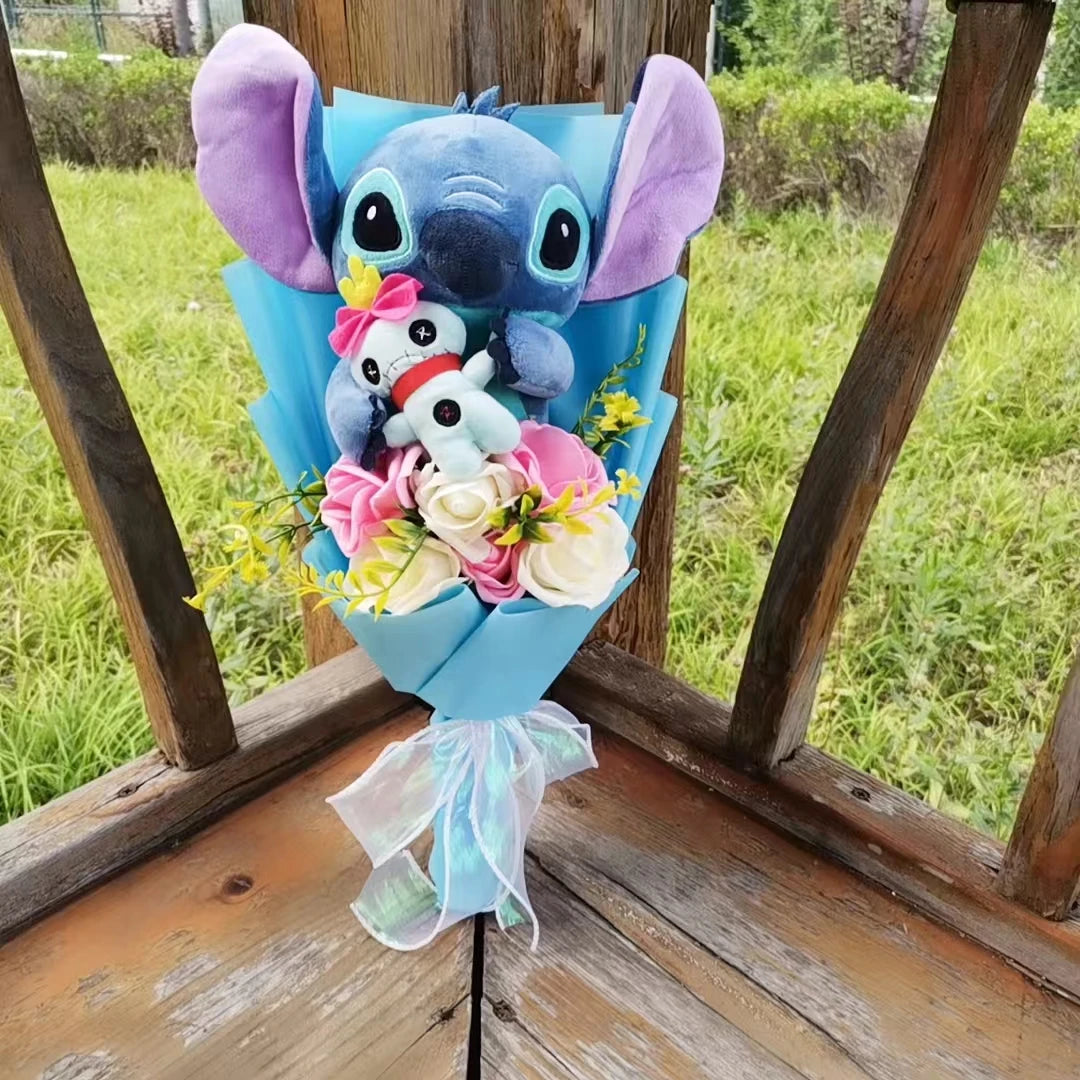 Hot Lilo & Stitch Plush Bouquet With Soap Rose Sunflower Flower Bouquet Cartoon Stuffed Valentine's Day Christmas Birthday Gift