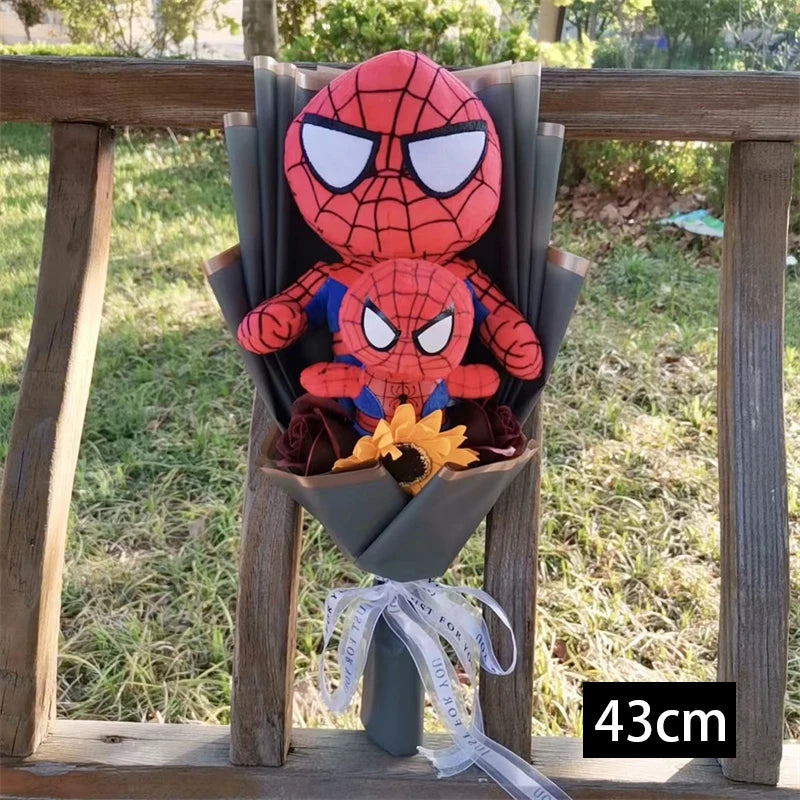 Animation Super Hero Spider Plush Doll With Rose Flower Bouquets Soft Stuffed Kids Graduation Christmas Day Birthday Gifts