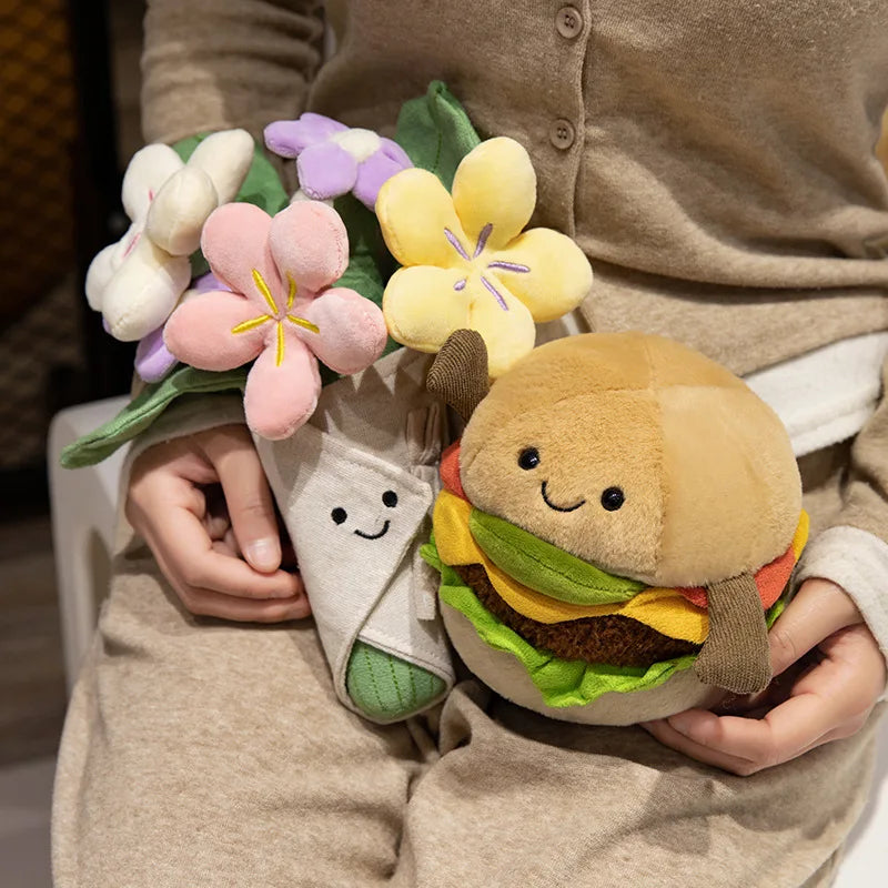 Creative Realistic Hamburger Plush Toy Soft Stuffed Bouquet Toy Funny Food & Flower Pillow Cute Burger Doll Kawaii Birthday Gift