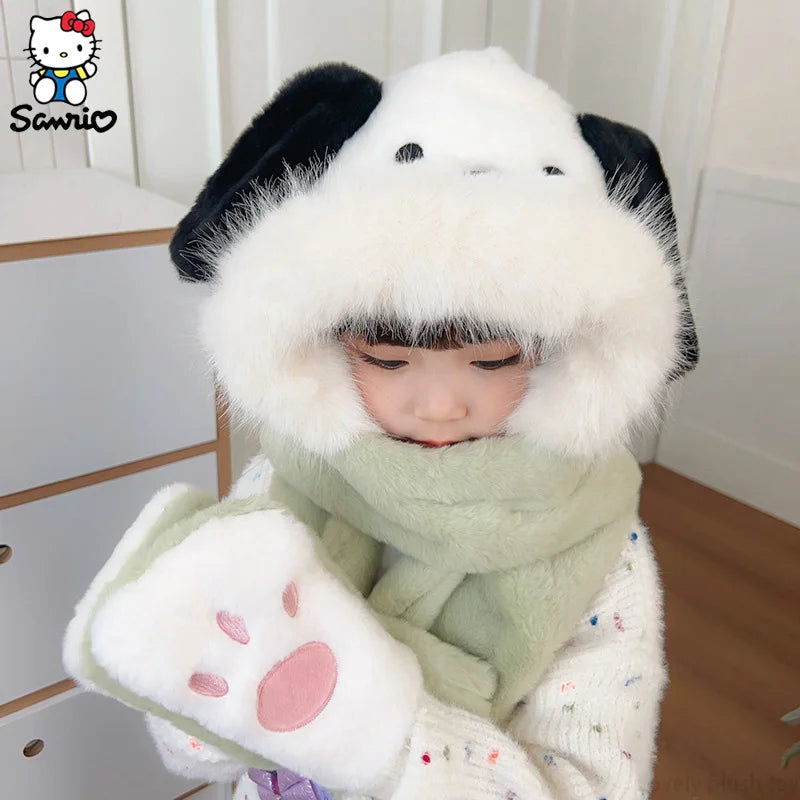 Kawaii Sanrio Kuromi Children Plush Scarf Hat Glove Cute Cosplay Party Anime Sweet Winter Warm Hat Girls Soft Plush Hat Gifts