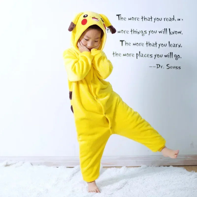 Pokemon Pikachu Warm Flannel Homewear Kids Autumn&Winter Soft Onesie Cosplay Animal Hoodie Pajamas Parent-Child Girls Sleepwear