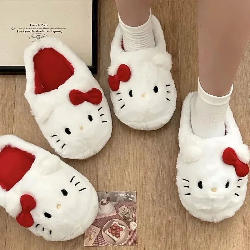 Sanrio Hello Kitty Plush Slipper Cartoon Warm Winter Indoor Slippers Flat Casual Non-slip Girls Home Shoes kawaii Birthday Gift