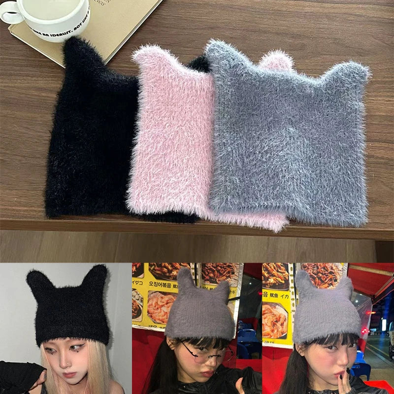 Korean Cute Solid Color Fluffy Cat Ear Knitted Hat Y2K Harajuku Plush Warm Cap Autumn Winter Knitting Hat For Christmas Gifts