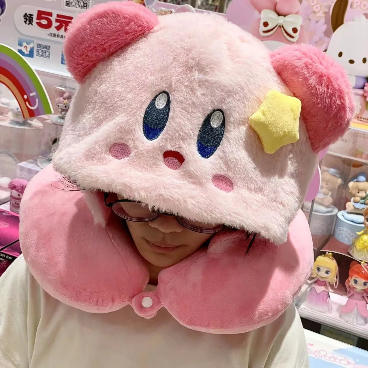 miniso Kirby Hooded U-shaped Neck Pillow Kawaii Japanese Style Kirby Blackout Travel Pillow Stuffed Anime Nap Pillow Office