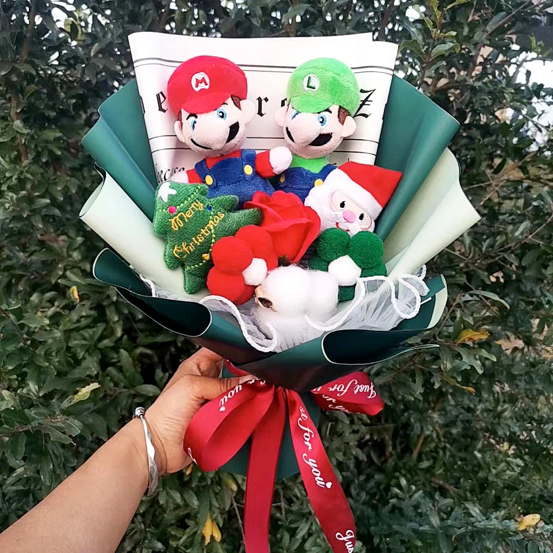 Super Mario Bros Christmas Plush Bouquet Doll Toys With Soap Rose Flower Stuffed Animals Doll Christmas Day/Valentine's Day Gift