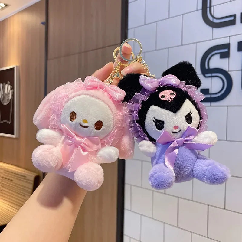 13CM Sanrio Plush Dolls Keychain Cinnamoroll Kuromi Melody Lace Headband Series Cute Pendant Backpack Deco Girl Kids Toys Gift