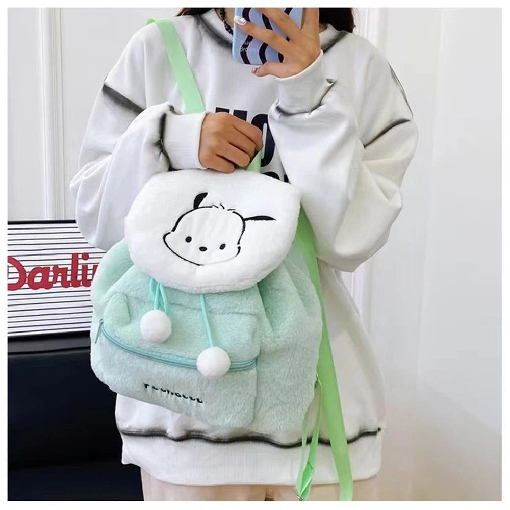 Sanrio Kuromi Melody Cartoon Cute Puppy Plush Flip Backpack Women's Casual Large Capacity Cute kawaii Cartoon School Bag Mochila