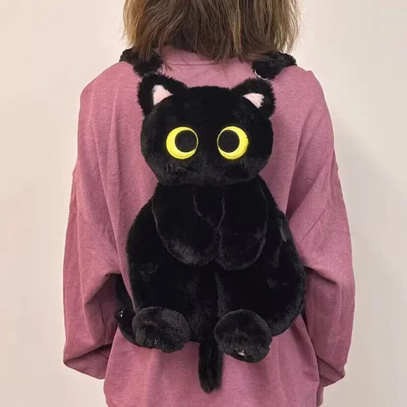 MyRytanda Black Cat Fluffy Backpacks Cartoon Soft Plush School Bags Huggable Couple Travel Backpacks Girls Boys Friends Gifts