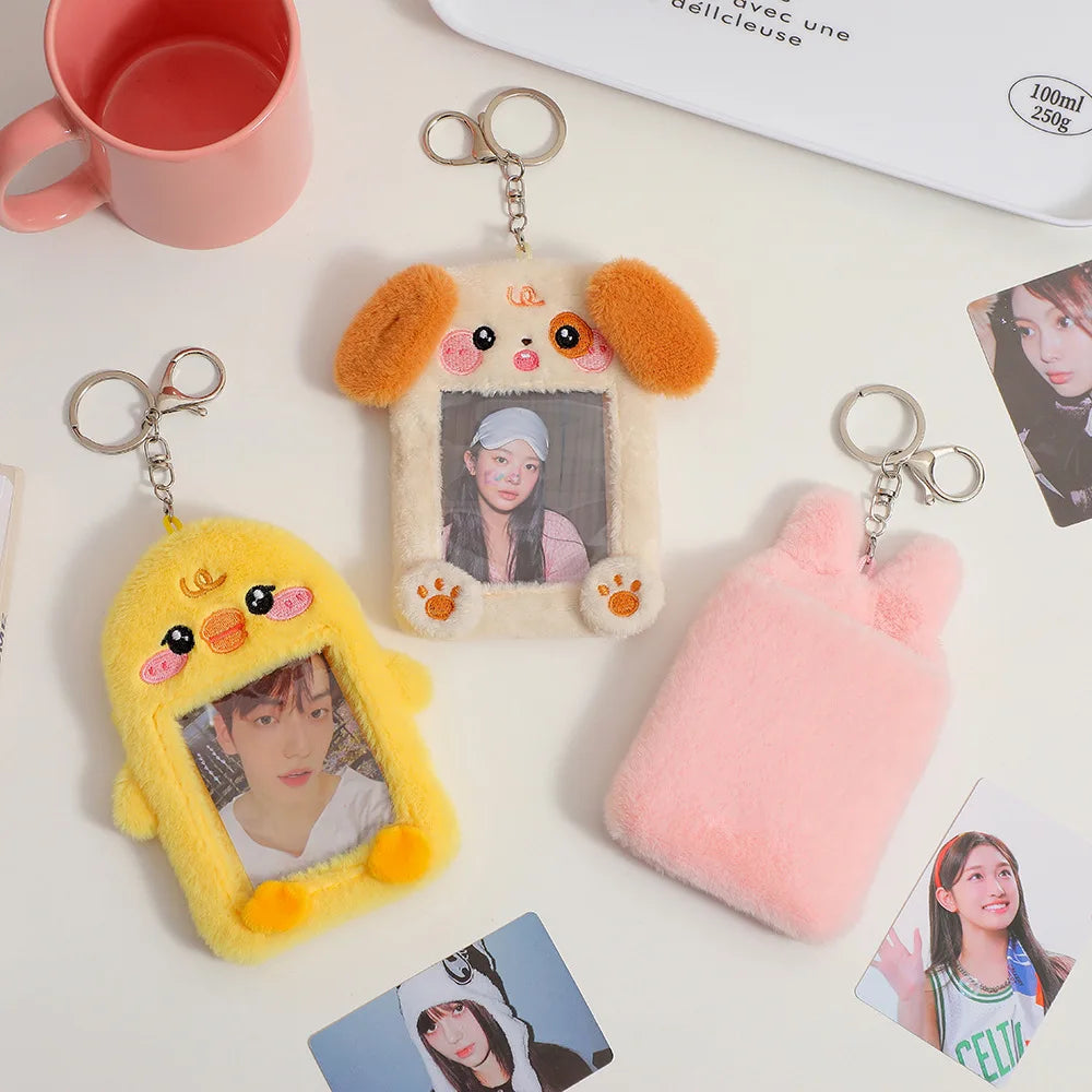 INS Cute Plush Dog Rabbit Photocard Holder Keychain Kpop Idol Photo Card Case Photo Bank Card Protective Case Display Holders