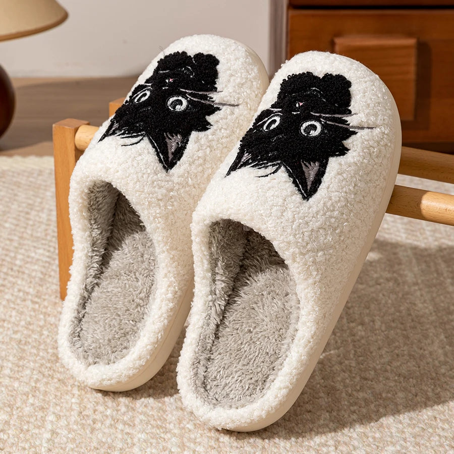 Winter Women's Slippers Indoor Cartoon Black Cat Cute Girls Slipper Bedroom Anti-slip Soft Sole Comfortable Cotton Homeshoes