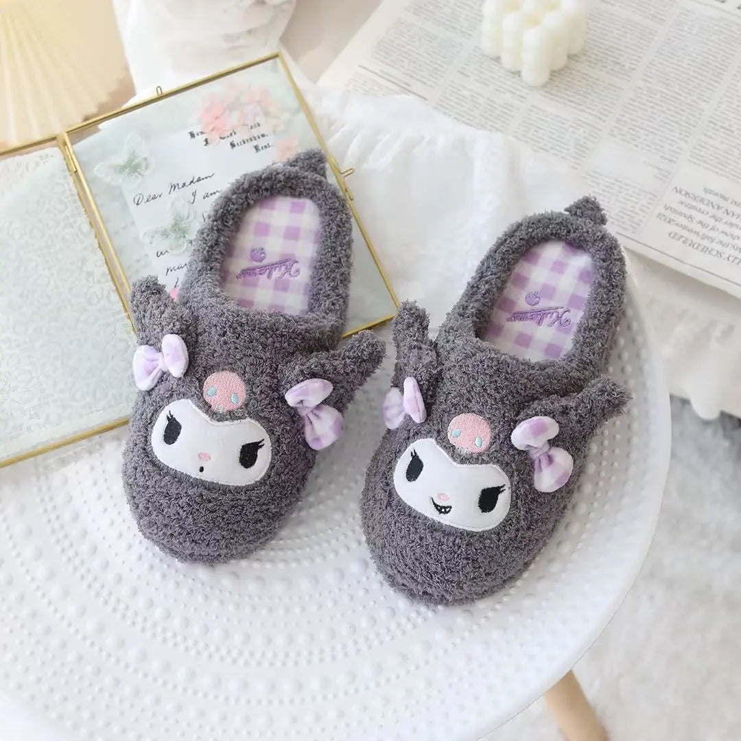 Lolita Cute Slippers My Melody Kuromi Plush Shoes Pom Pom Purin Japanese Style Indoor Shoes For Girl Autumn Winter Flat Non-slip