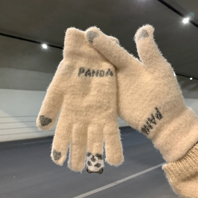 Winter Warm Plush Gloves Cute Cartoon Panda Ring Finger Knitted Gloves Touchscreen Gloves Outdoor Windproof Mittens