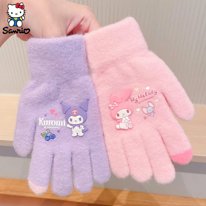 Kawaii Sanrio Gloves Children's Warm Gloves Kuromi Melody Winter Plush Thickened Full Fingers Mitten Accessories Christmas Gifts