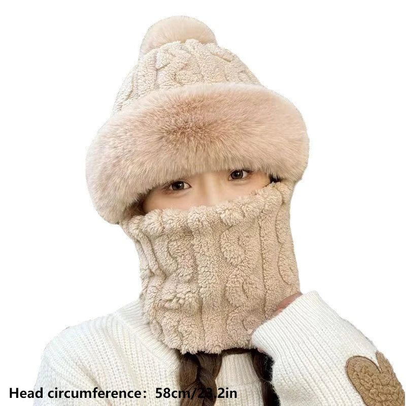 1PC Winter Knitted Hat Scarf Mask Plush Pompom Beanies For Women Plush Lining Warm Bonnet Ears Neck Protection Skiing Cap