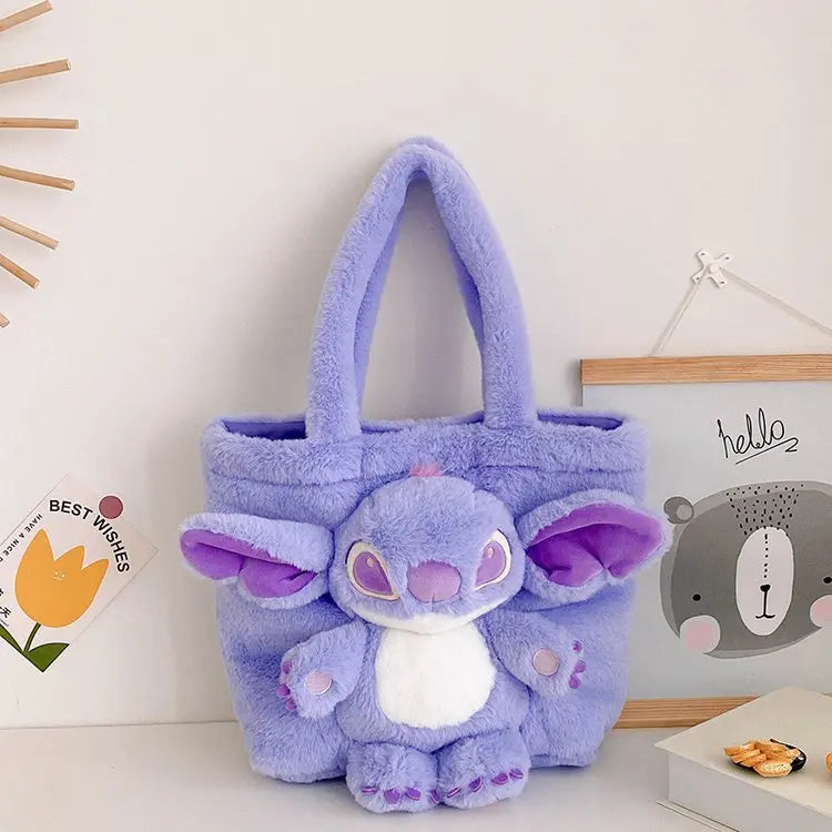 Disney 2024 New Cartoon Plush Doll Shoulder Bag Sweet and Cute Stitch Strawberry Bear Soft Cute Girls Handbag