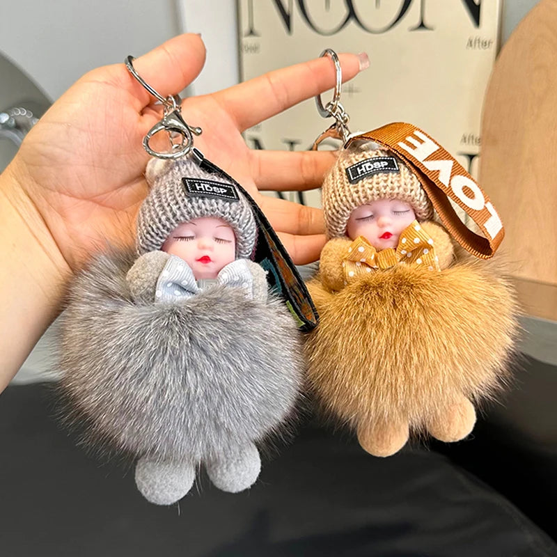 Cute Sleeping Baby Keychain Charm Cute Fluffy Plush Doll Car Keychain Fashion Women's Bag Charm Backpack Decoration Gift