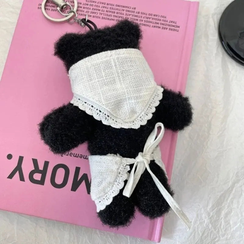 2024 Cute Black Bear Apron Head Cover Plush Keychain Kawaii Backpack Pendant Fashion Car Keyring Boy&Girls Women Bag Accessories