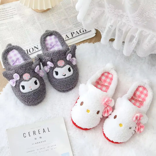 Lolita Cute Slippers My Melody Kuromi Plush Shoes Pom Pom Purin Japanese Style Indoor Shoes For Girl Autumn Winter Flat Non-slip