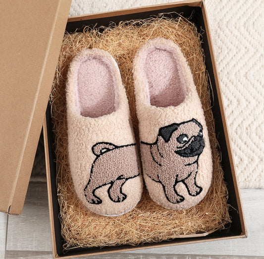 Pet Pattern Pug Pug Embroidery stuffed Home Platform Cozy Furry Cotton Slippers Cute Warm Non-slip Indoor Slippers Pet Mom Gift Men Women Can Wear