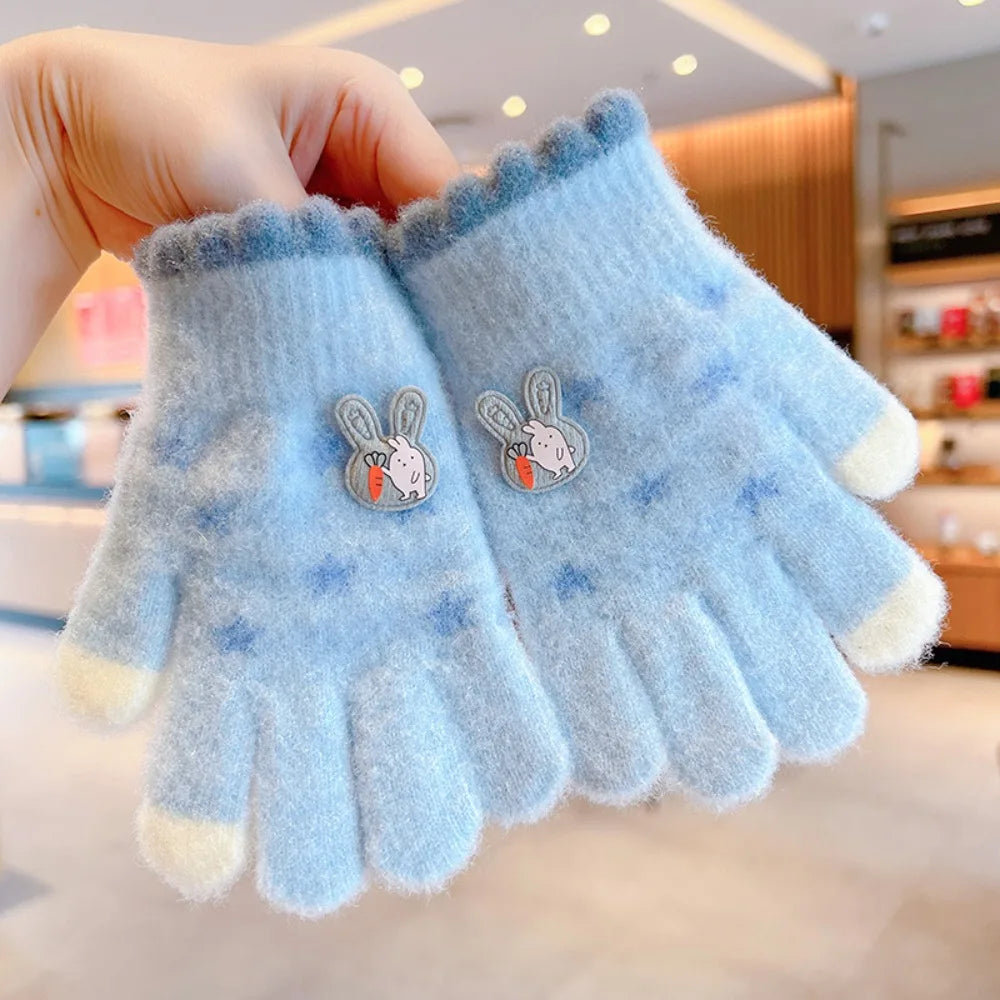 New Cute Cartoon Kids Knitted Gloves Plush Thickened Children Full Fingers Gloves Winter Warm Outdoor Sports Windproof Gloves