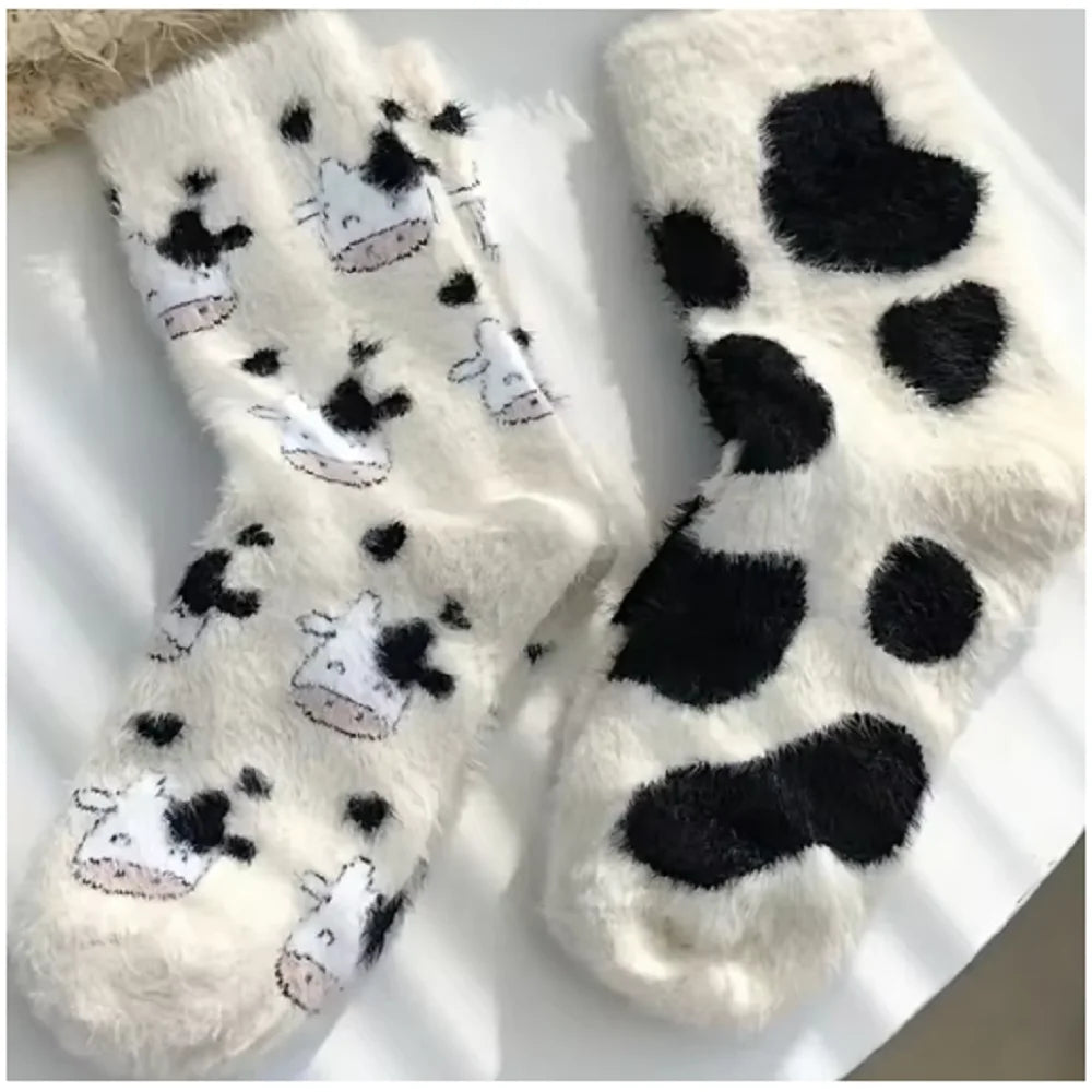 2/3/10 Pairs Women's Plush Mid Length Socks Dairy Cattle Thickening Mink Wool Sweet Soft Warm Stay At Home Women's Floor Socks