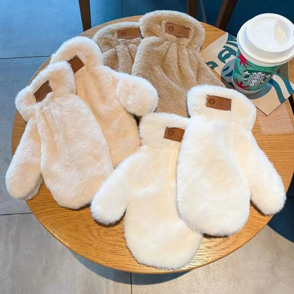 1Pair Women Cute Warm Winter Gloves New Thickened Fluffy White Plush Gloves Velvet Letter Gloves One size