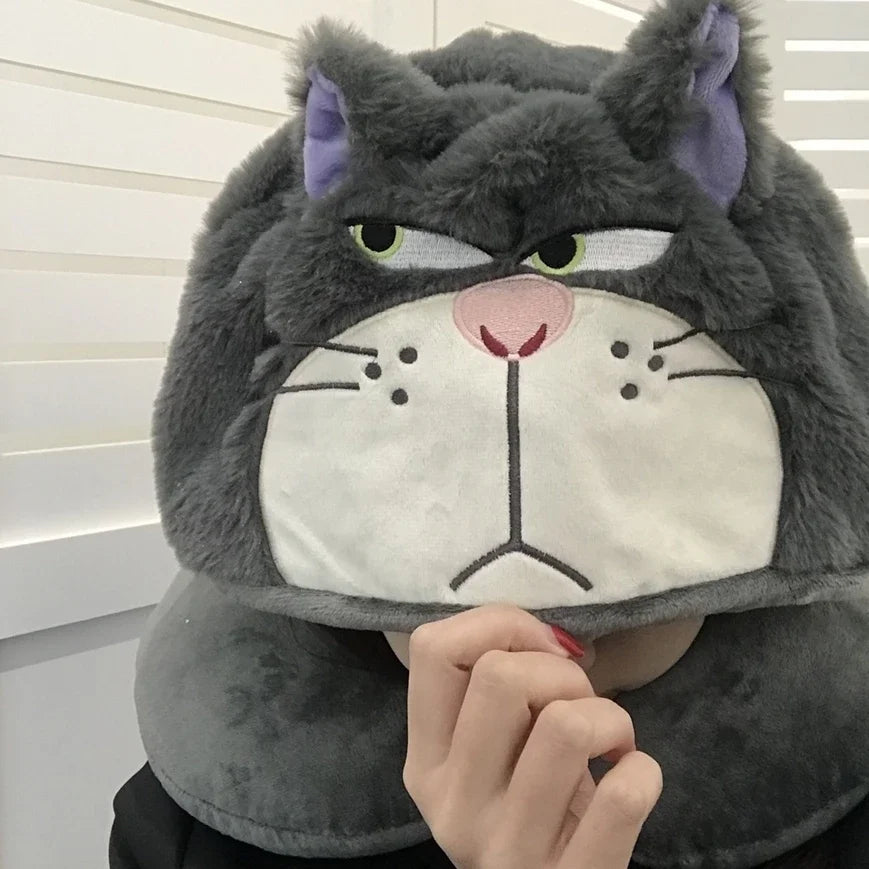 Disney Lucifer Cat U-shaped Neck Pillow With Hat Anime Grey Cat Travel Pillow Hooded Lucifer Cat Blackout Office Car Xmas Gifts