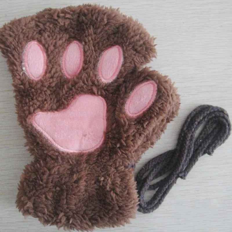 Cartoon Cute Cat Claw Paw Gloves Women Plush Mittens Warm Soft Plush Short Fingerless Fluffy Bear Cat Gloves Costume Half Finger