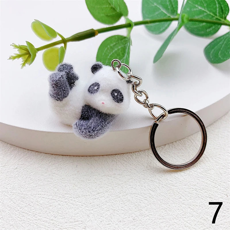 3D Flocking Panda Keychain Cartoon Plush Animal Keyring Bag Pendant Car Key Holder Earphone Charm DIY Jewelry Ornament Accessor