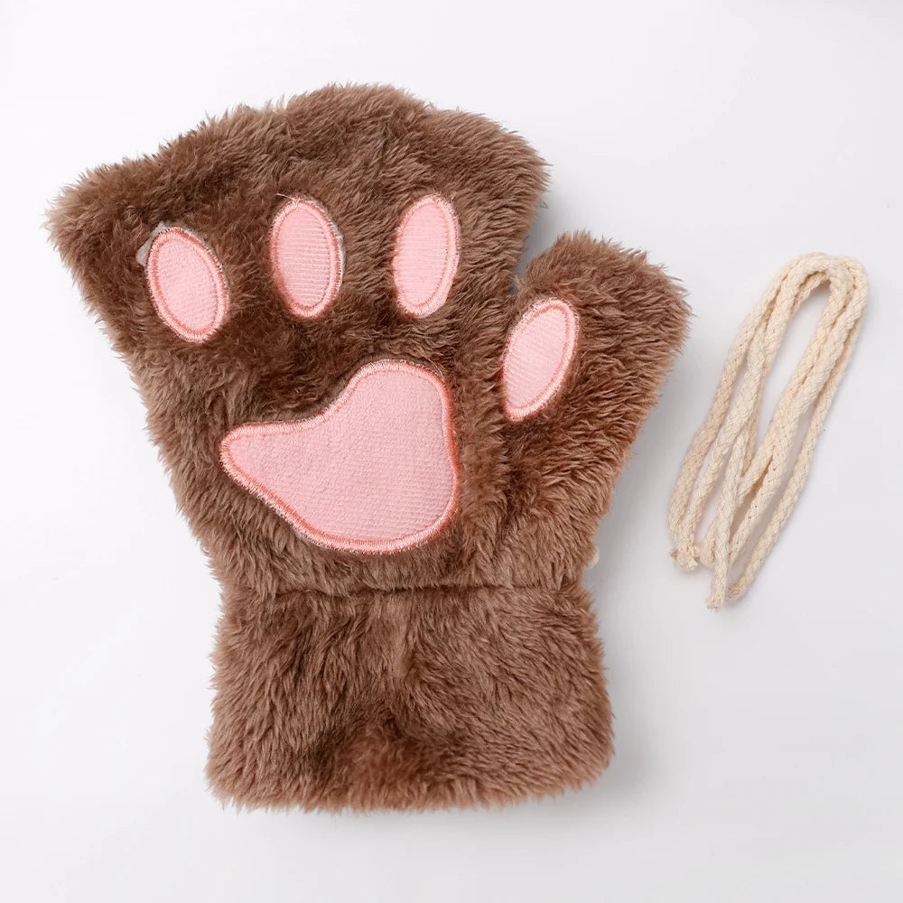 Cartoon Cute Cat Claw Paw Gloves Women Plush Mittens Warm Soft Plush Short Fingerless Fluffy Bear Cat Gloves Costume Half Finger