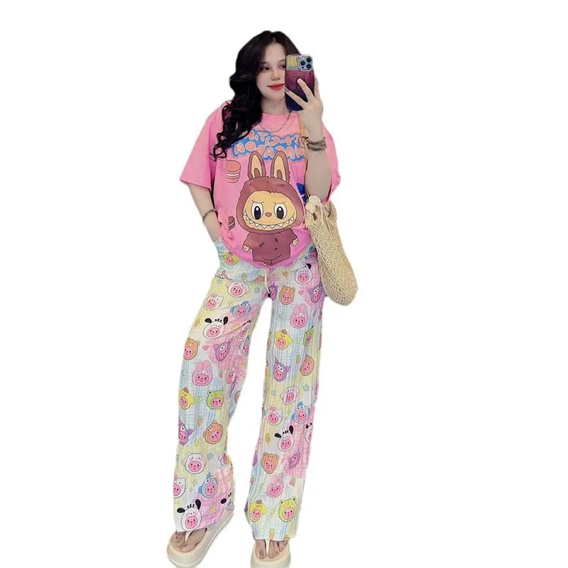 New Labubu Print T-Shirt And Pants Anime Cartoon Short Sleeved Shirt Casual Fashion 2pcs Set Kawaii Cute Woman Outdoor Clothing