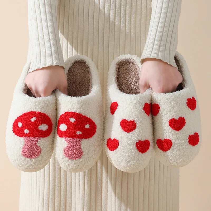 House Slippers for Women, Cute Big Small Heart, Fluffy Cozy Home Comfy Shoes for Ladies, Indoor Slippers for Winter, Mushroom