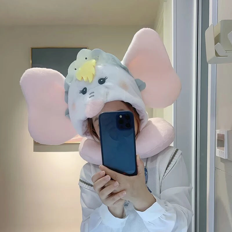 Disney Plush Dumbo Elephant Hooded U-shaped Pillow Stuffed Sanrio My Melody Marie Cat My Sweet Piano Travel Neck Pillow Office