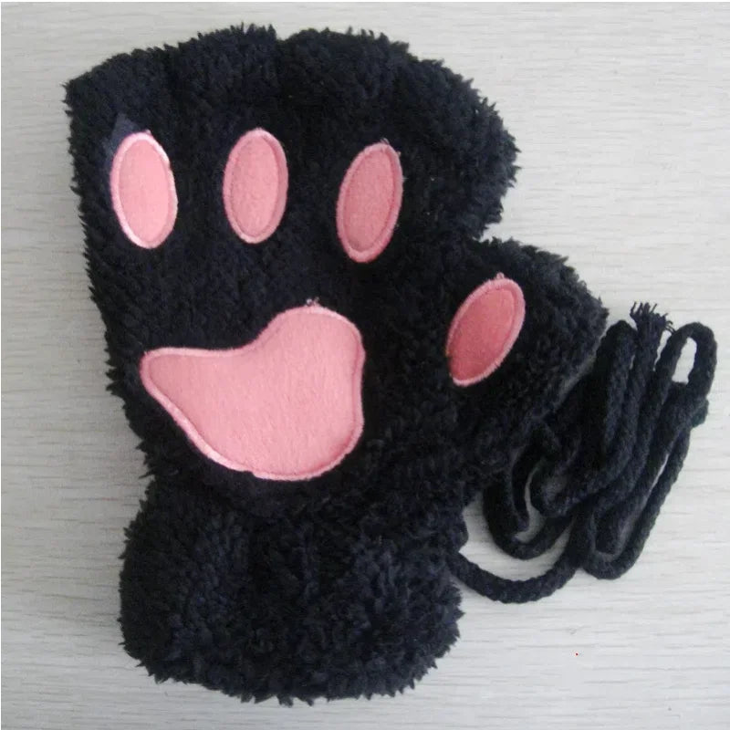 Cartoon Cute Cat Claw Paw Gloves Women Plush Mittens Warm Soft Plush Short Fingerless Fluffy Bear Cat Gloves Costume Half Finger