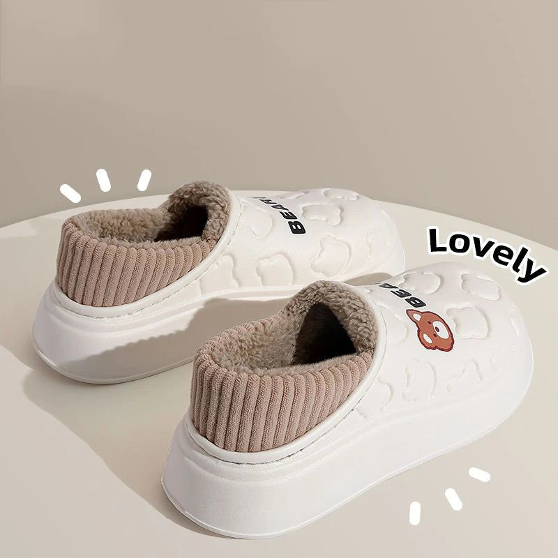 Winter Slippers For Women Bear Cartoon Outdoor Waterproof House Shoes For Men Plush Casual Shoes Indoor Fluffy Cotton Slippers