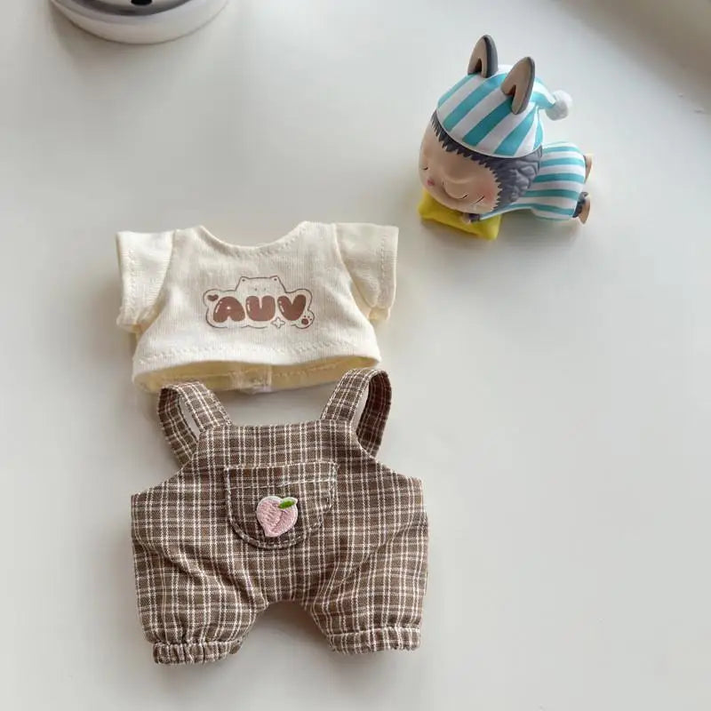 17cm Mini Plush Doll'S Clothes Outfit Accessories For Korea Kpop Exo Labubu Idol V1 V2 Casual plaid overalls Clothing Gift