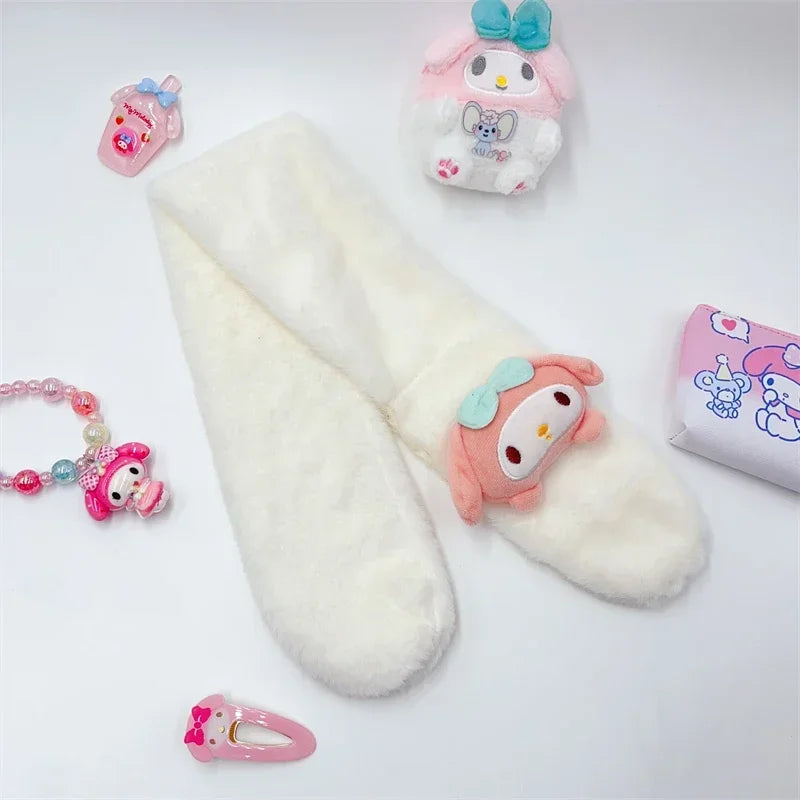 Hello Kitty Children's Scarf Kawaii Plush Cinnamoroll Kuromi My Melody Soft Girls Anime Plushie Thickened Kids Scarves New Gift