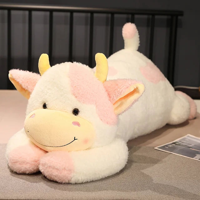 90/110cm Lovely Giant Lying Cow Long Plush Throw Pillow Stuffed Animal Milk Cattle Doll Bed Sleeping Pillow Cushion Home Decor