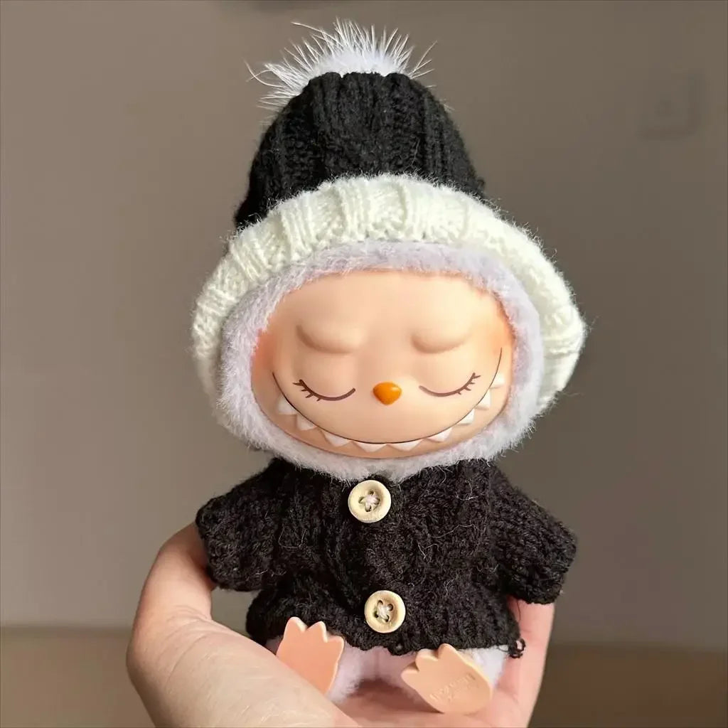 For 17Cm labubu baby clothes vinyl outfit pendant macaron sit party black hairball hat set for labubu black set