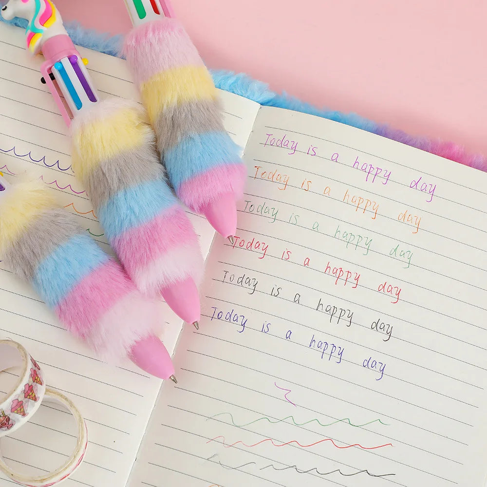 2PCS 6 Colors Children's Unicorn Plush Ball-point Pen Student Rainbow Gel Pen Fantastic Cartoon Girl Handwriting Pens