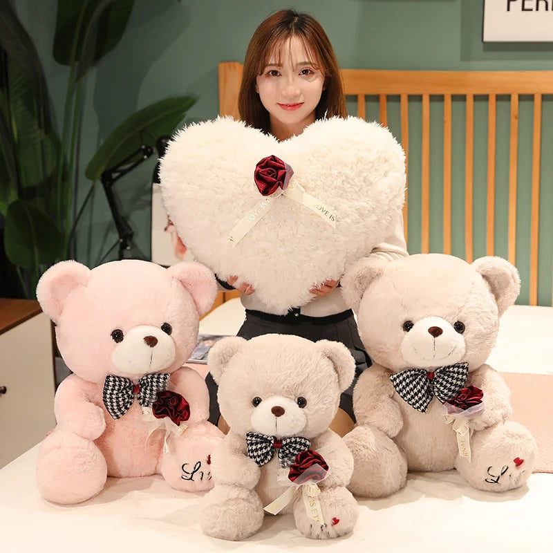 35-50cm Kawaii Bear Plush Stuffed Animal Doll Pillow Rose Bow Tie Accessories Dress Up Valentine's Day Girlfriend Gifts