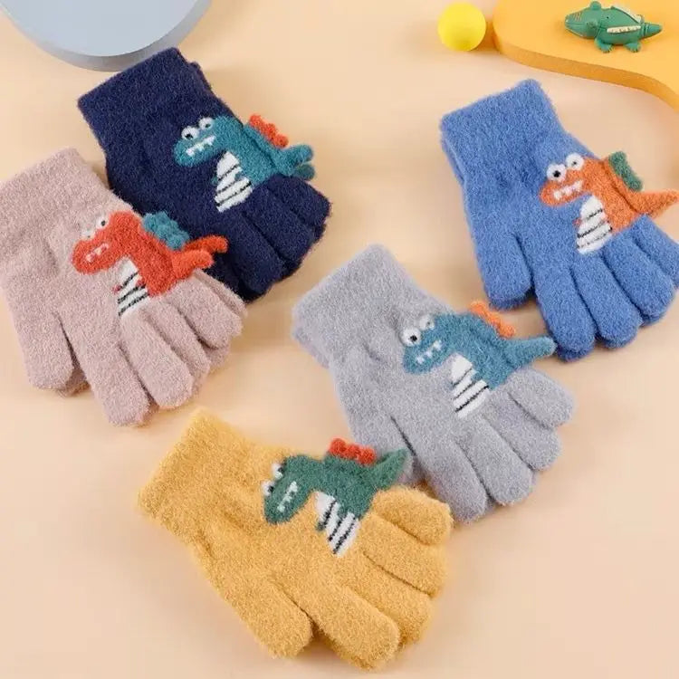 4-8 Year Old Winter Children's Thick Knitted Gloves Cartoon Dinosaur Warm Plush Children's Winter Children's Finger Gloves