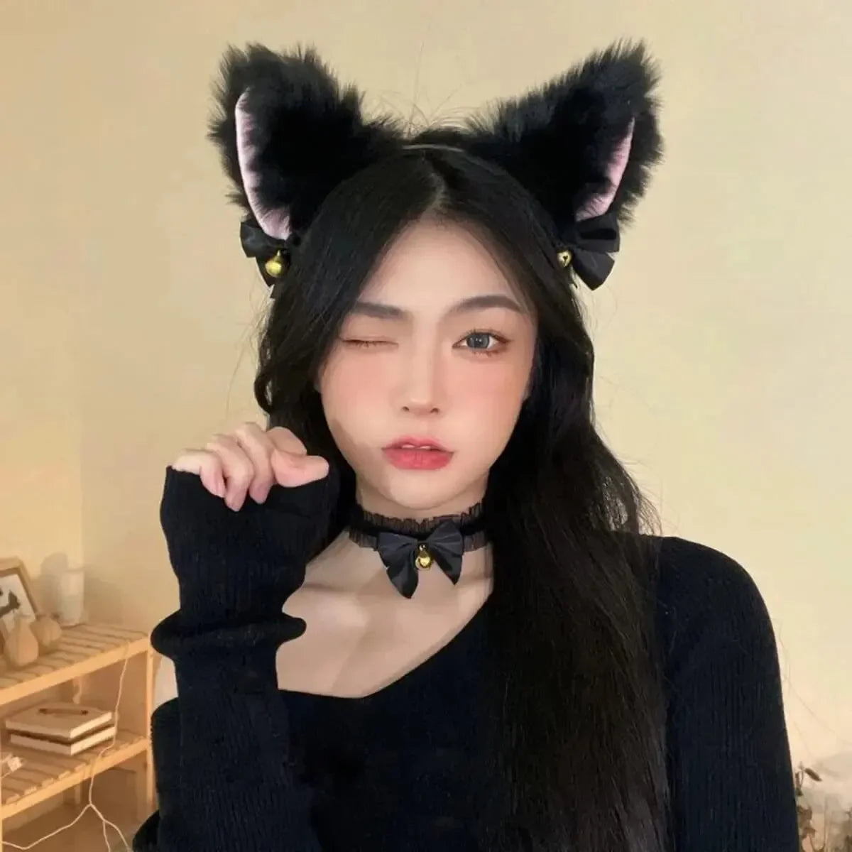 2pcs Cat Ear Bow Headband Necklace Claw Gloves Cosplay Plush Bell Hairband Women Girl Masquerade Party Headwear Hair