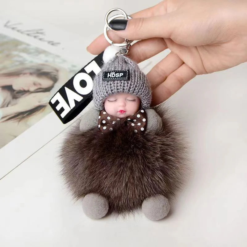 Cute Sleeping Baby Keychain Charm Cute Fluffy Plush Doll Car Keychain Fashion Women's Bag Charm Backpack Decoration Gift