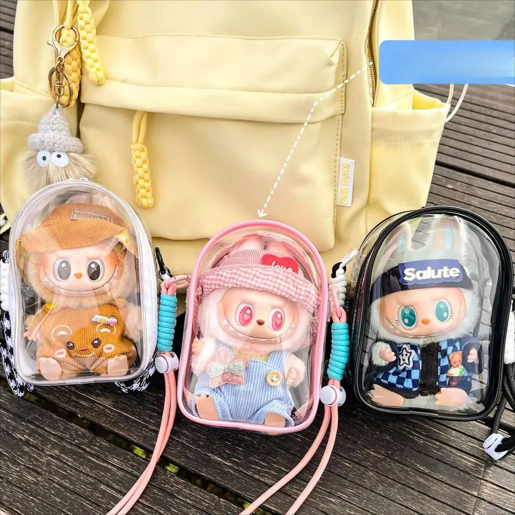 For 15cm Labubu v2 sitting party 15cm cotton doll outfit crossbody pain bag pvc storage bag Dolls Display Bag