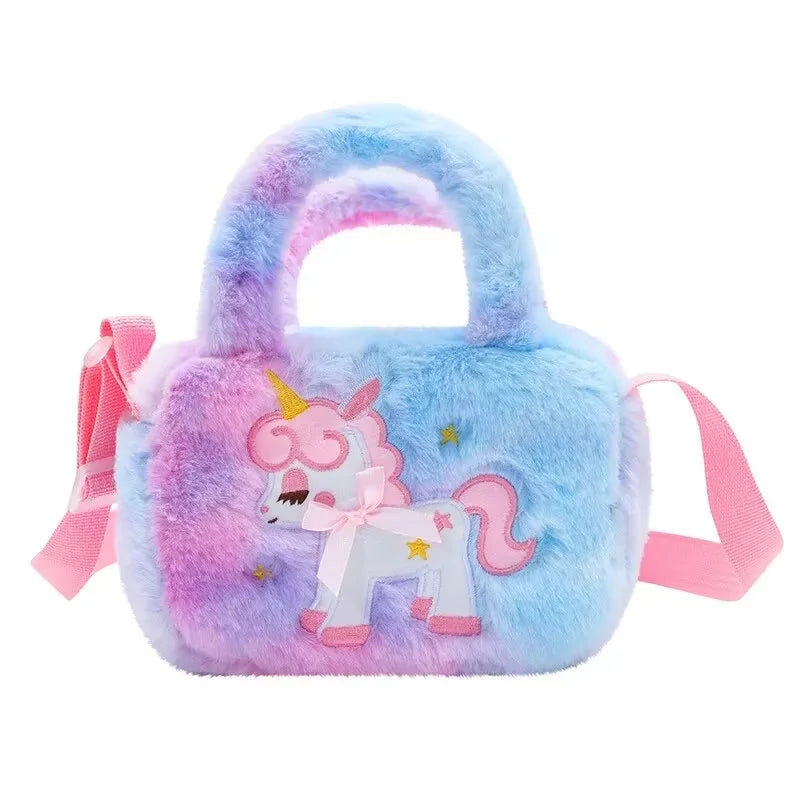 Kids Embroidery Unicorn Plush Toy Crossbody Purses Handbags Little Girls Rainbow Fluffy Purse Cute Cartoon Furry Shoulder Bag