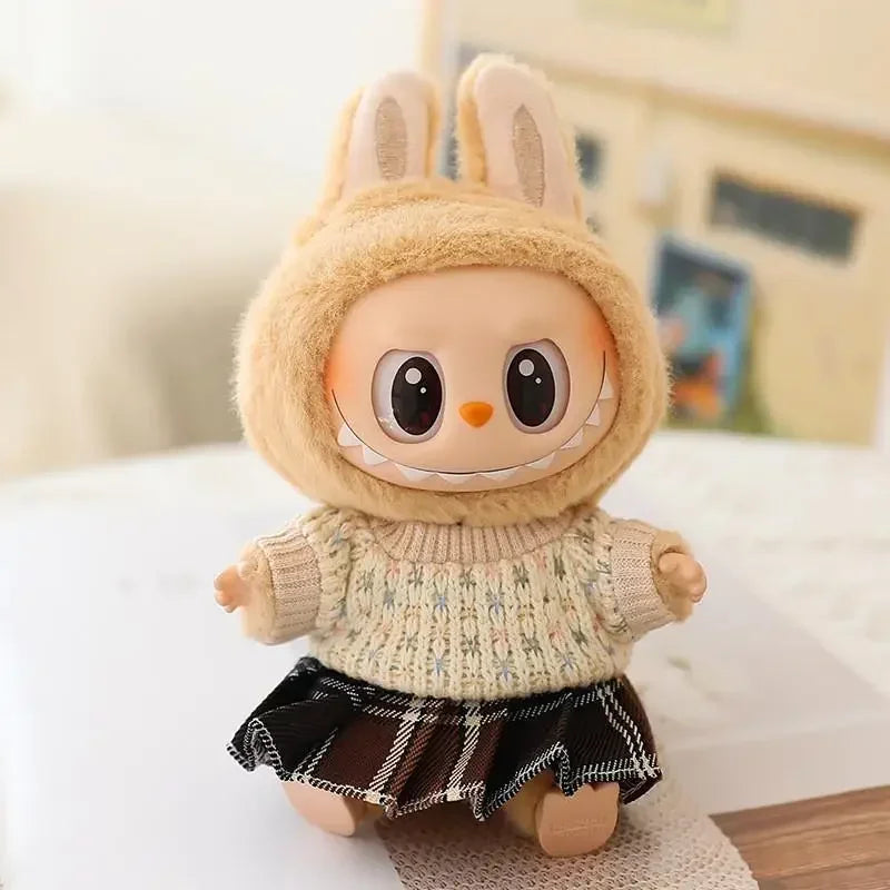 Mini Doll'S Clothes Outfit Accessories For 15-17cm Labubu Idol Knitted sweater JK pleated skirt camera shoes set Clothing Gift