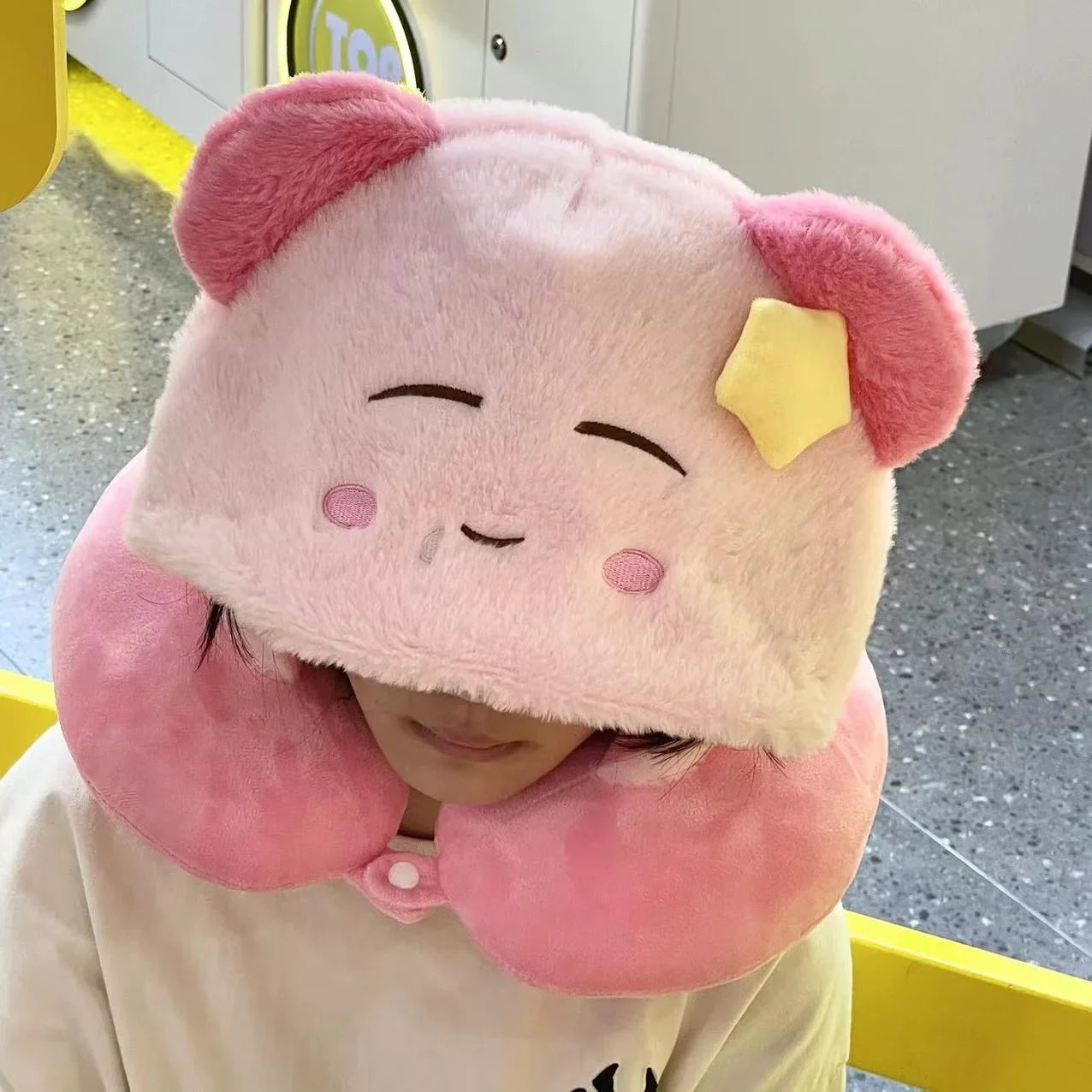 miniso Kirby Hooded U-shaped Neck Pillow Kawaii Japanese Style Kirby Blackout Travel Pillow Stuffed Anime Nap Pillow Office