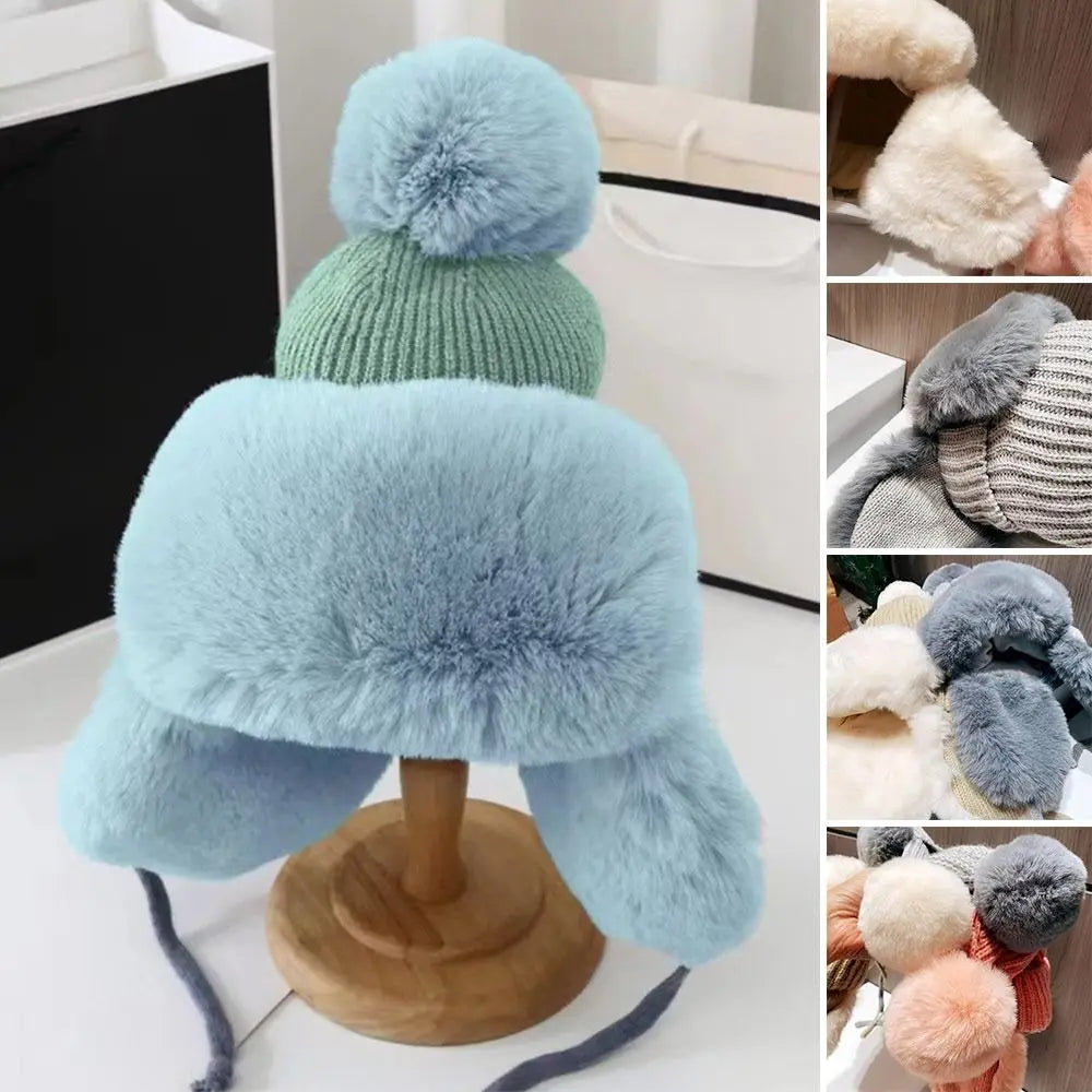 Women Cute Winter Warm Kawaii Plush Hat Thickened Cute Bomber Hat Ear Protection Woolen Cap