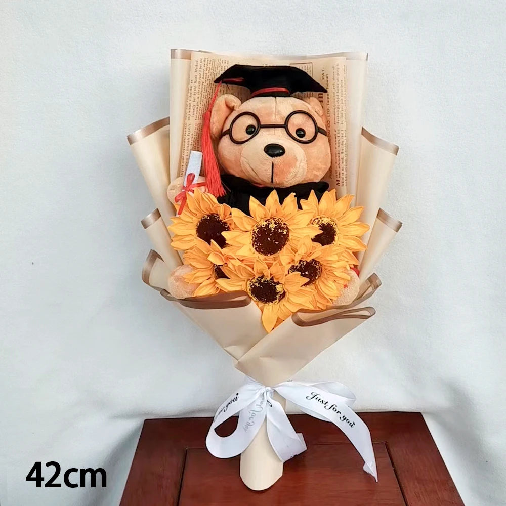 Doctor Teddy Bear Stitch Plush Bouquet Toys with Sunflower  Cute Teddy Bear Doll Student Graduation Souvenir Birthday Gifts